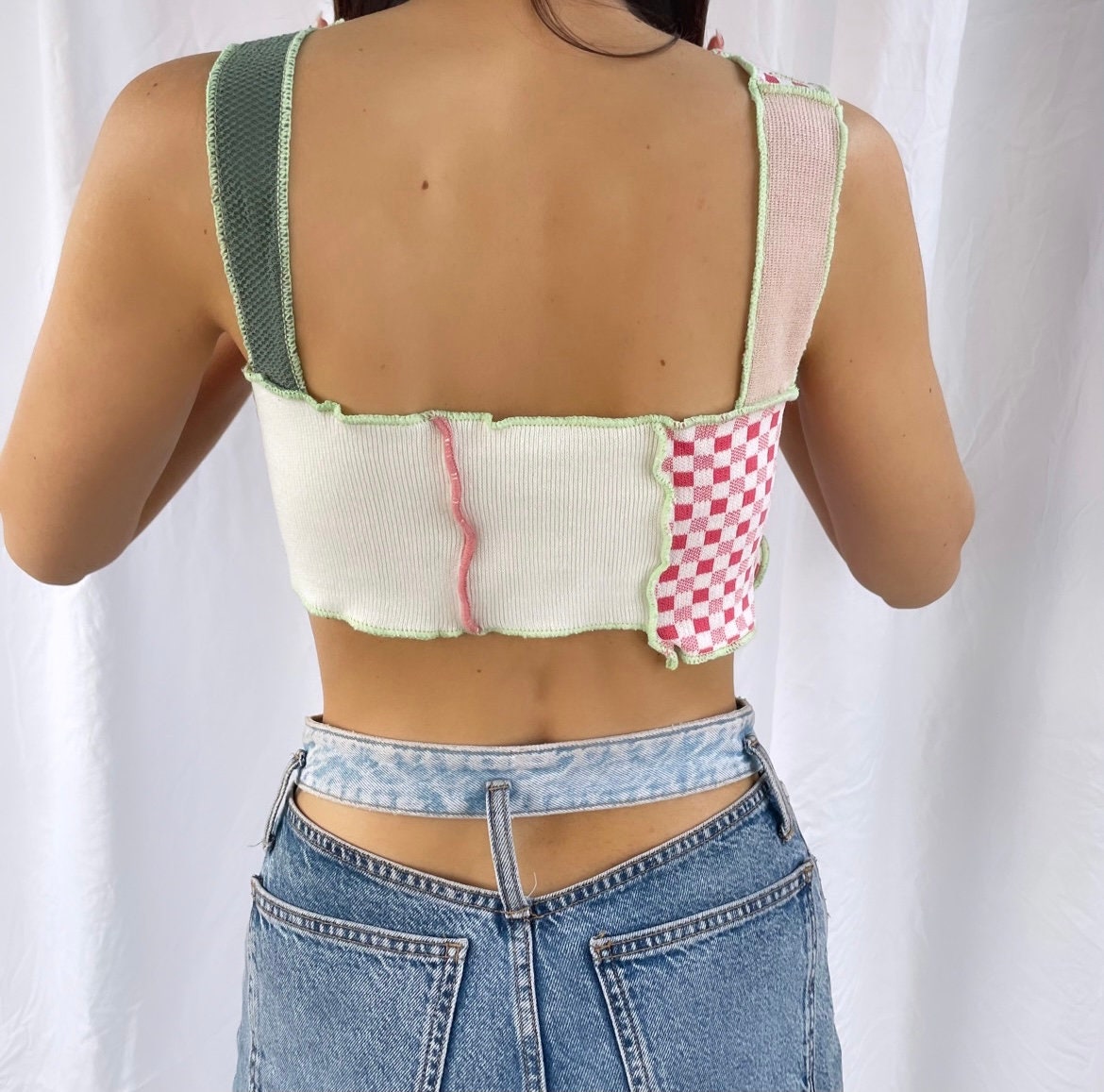 Upcycled Patchwork Crop Top: Asymmetrical Lettuce Edge Y2K