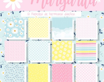 May include: A set of 12 digital papers featuring various patterns in pink, yellow, blue, and white. The patterns include daisies, gingham, stripes, and hearts. The text "Margarita" and "12 Papeles de hermosos diseños" is displayed at the top of the image.