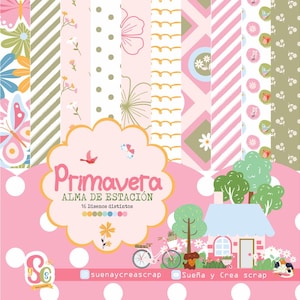 Puede incluir: Un pack de papel digital con 16 diseños diferentes con temática primaveral. Los diseños incluyen mariposas, flores, pájaros y casas. El texto "Primavera ALMA DE ESTACIÓN 16 Diseños distintos" está en el centro de la imagen.