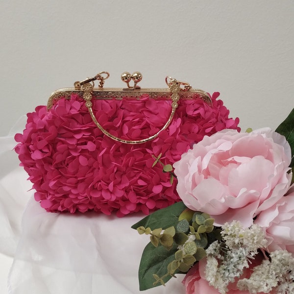 Pochette bauletto fuxia in tulle fiori 3D, tracolla, Clutch