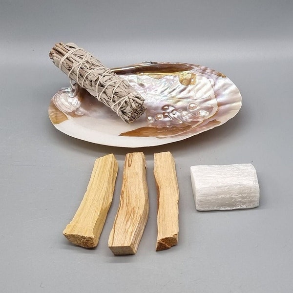 Räucherset Perlmuschel, Palo Santo, Weißer Salbei, Selenit