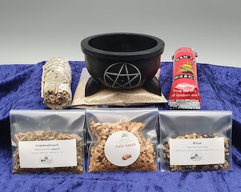 Wierookset "Pentagram" speksteen + zand & houtskool, Palo Santo, eucalyptus/saliestokje, RW Ritueel, RW orakelwierook