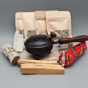 Incense set Incense pan, sand, charcoal, Palo Santo, white sage, incense, selenite
