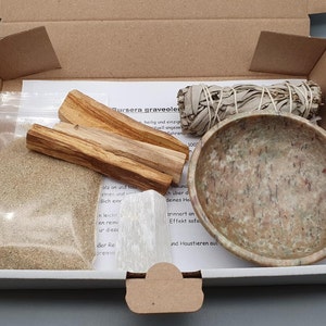 Räucherset Specksteinschale, Räuchersand, Palo Santo, Weißer Salbei, Selenit Bild 5