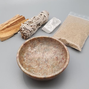 Räucherset Specksteinschale, Räuchersand, Palo Santo, Weißer Salbei, Selenit Bild 3