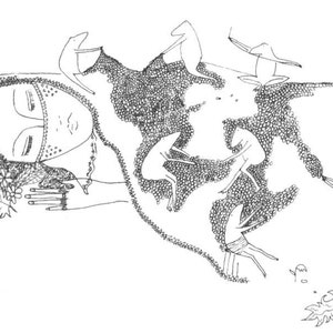 May include: A black and white line drawing of a woman with a veil, surrounded by stylized figures of animals. The woman is lying down with her eyes closed. The animals are all facing different directions and appear to be in motion.