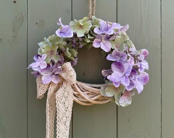 Lavender Hydrangea Wreath, Faux Summer Flowers, Cottagecore Door Hanger, Rustic Wall Decor