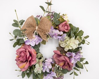 Summer Rose Wreath, Lavender Pink Cottagecore Faux Flowers, Country Porch Decor