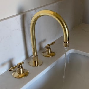 Widespread Bathroom Faucet Sink, Three Holes Faucet, Unlacquered Brass Vanity Faucet