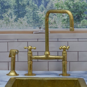 Unlacquered Brass Bridge Faucet With Side Sprayer And Square Spout, 8-inch