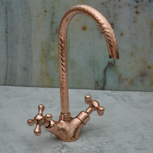 Copper Finish Gooseneck Bathroom Faucet, Powder Room Farmhouse Bathroom Vessel Sink Hot Cold water tap, Vintage Sink Faucet