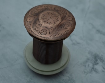 Copper Sink Drain, Engraved Dark Copper Drain, Pop Up Drain