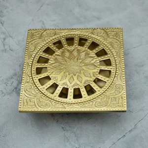 Unlacquered Brass Engraved Shower Floor Drain, Solid Brass Shower Drain