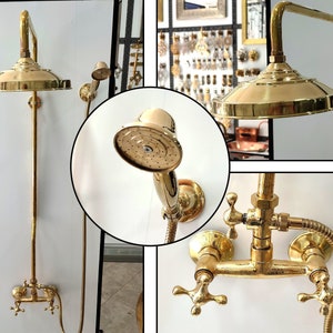 Unlacquered Brass Rain Shower System With Handheld Shower Faucet, Handheld Shower And Shower Head Combo