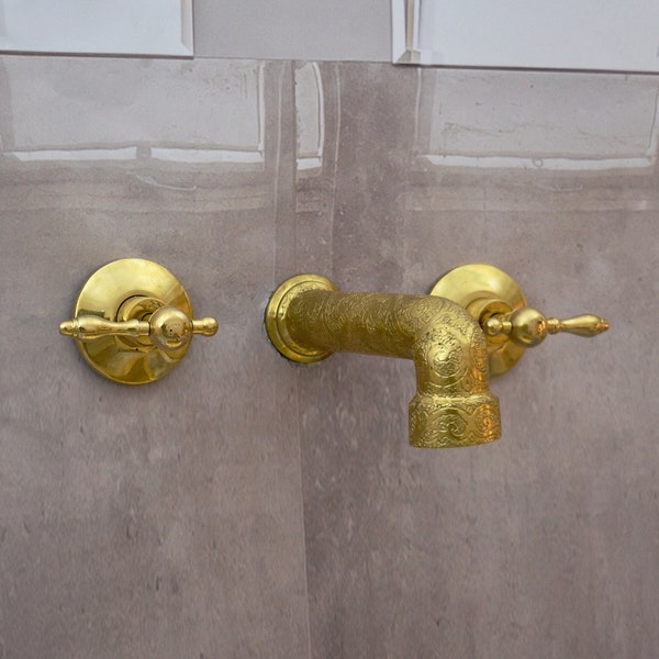 Unlacquered Brass Engraved Wall Mount Built In Bathroom Vanity Sink Faucet With lever Handles