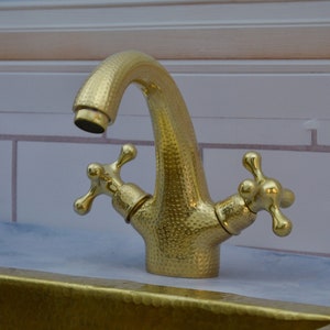 Handmade Hammered Brass Sink Tap with Traditional Cross Handles, Unlacquered Brass Vanity Faucet, and Brass Bathroom Sink Faucet