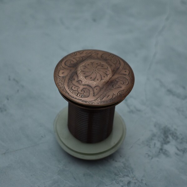 Copper Sink Drain, Engraved Dark Copper Drain, Pop Up Drain