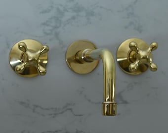 Unlacquered Brass Wall Mount Built In Bathroom Vanity Sink Faucet With Cross Handles
