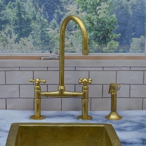 Solid Brass Kitchen Faucet With Linear Legs, Unlacquered Brass Bridge Faucet - Kitchen Faucets