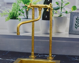 Unlacquered Brass Antique Kitchen Faucet with simple cross handles
