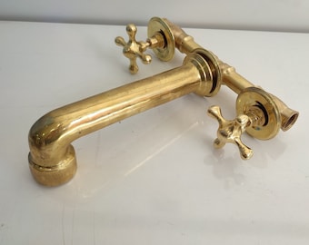 Solid Brass Wall Mounted Bathroom Faucet + Brass Cross Handles - Handmade Wall Mount Faucet