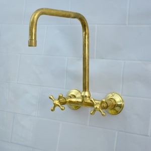 Unlacquered Brass Kitchen Faucet, Vintage wall Mounted Bridge Faucet With Square Spout