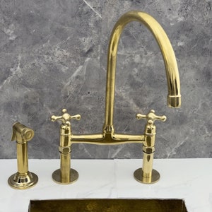 Vintage 8&quot; Unlacquered Brass Kitchen Faucet- Antique Style - Sink Faucet - Solid Brass Bridge Faucet - Kitchen Faucets