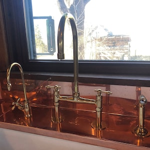 Unlacquered Brass Kitchen Faucet, Solid Brass 8&quot; Bridge faucet with Cross Handles and Straight Legs, Kitchen Faucet With Sprayer