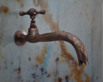 Engraved water faucet Copper part Antique Vintage Water Faucet Copper Water Tap Old Golden bath decor Unusual old faucet Copper