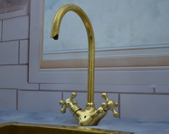 Unlacquered Brass Goosneck Kitchen Sink faucet, Gooseneck Kitchen Vanity Solid Brass Faucet, Solid Brass Bathroom Faucet