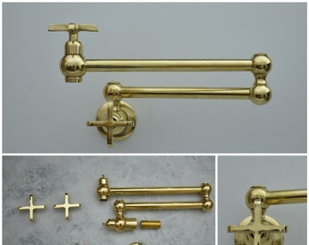 Unlacquered Brass Pot Filler, Brass Pot filler faucet, Solid Brass Kitchen Faucet With Flat Handles Style