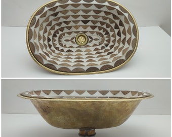Unlacquered Brass Oval Sink, Resin and Wood Conception, Drop in sink For Bathroom, Handmade Sink