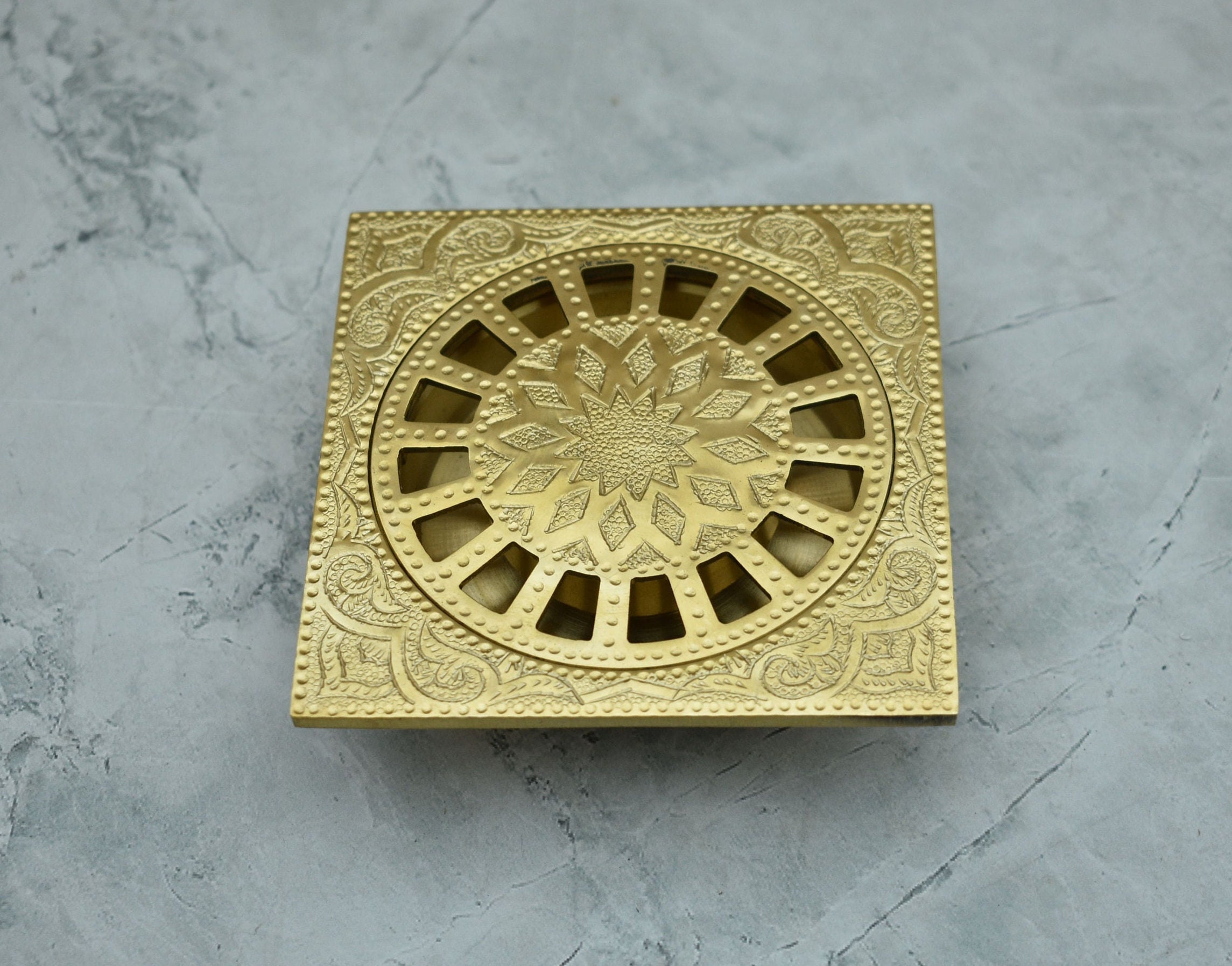 Unlacquered Brass Engraved Shower Floor Drain, Solid Brass Shower Drain