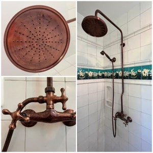 Système de douche en cuivre foncé, pommeau de douche rond en cuivre, douche à main combinée et robinet de douche en cuivre