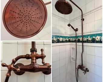 Système de douche en cuivre foncé, pommeau de douche rond en cuivre, douche à main combinée et robinet de douche en cuivre