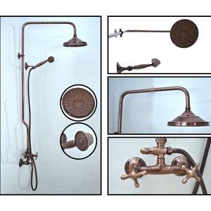 Exposed Copper Shower System, Round Copper Shower Head, Combo Handheld Shower, And Copper Shower Faucet