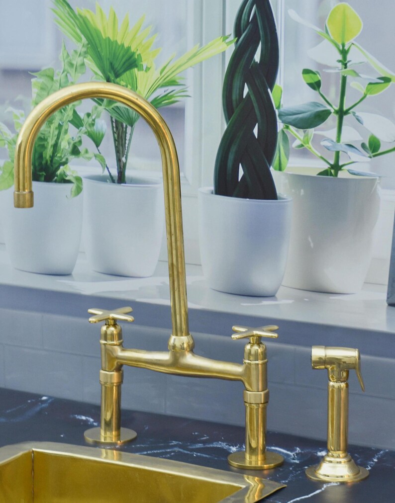 Robinet Pont Antique En Laiton Massif – Style Swan Neck, 2 Poignées Croix, Cuisine