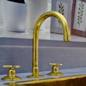 Grifo de baño de latón macizo sin lacar con 3 orificios, grifo de montaje en cubierta, grifo de baño de latón, grifo de tocador, lavabo de tocador con 3 orificios