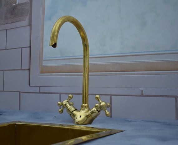Unlacquered Brass Goosneck Kitchen Sink faucet, Gooseneck Kitchen Vanity Solid Brass Faucet, Solid Brass Bathroom Faucet