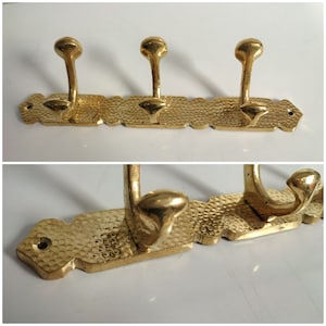 Unlacquered Brass Hammered Coat Rack, Handmade Wall Coat Hooks