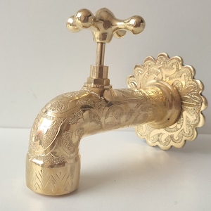 Unlacquered Brass Wall Faucet, Brass Water tap, Water Spigot , Antique garden tap , Wall Mounted brass faucet, garden tap