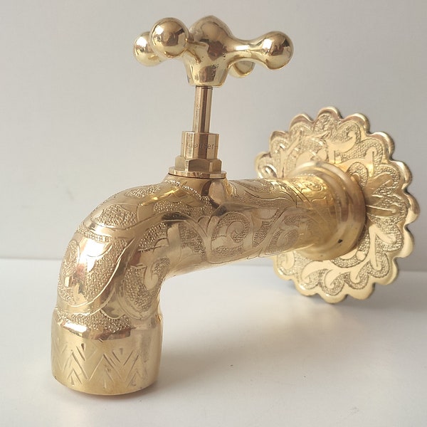 Unlacquered Brass Wall Faucet, Brass Water tap, Water Spigot , Antique garden tap , Wall Mounted brass faucet, garden tap