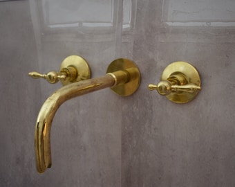 Unlacquered Brass Wall Mount Built In Bathroom Vanity Sink Faucet With lever Handles