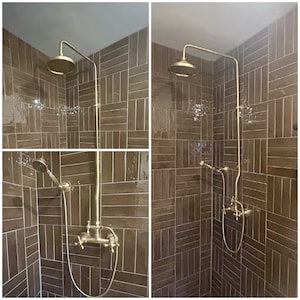 Unlacquered Brass Rainfall Shower System, Solid Brass Exposed shower Head with Handheld