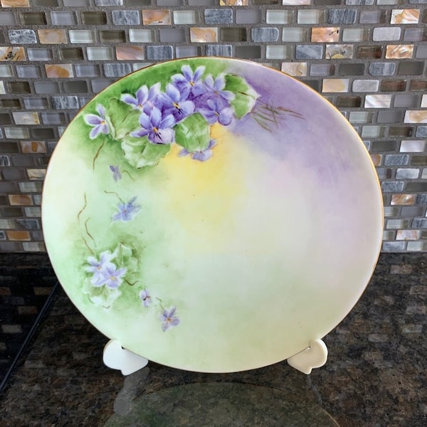 Vintage Hand Painted 1900s Hermann Ohme Porzellanfabrik Silesia 7 3/4" Gold Outlined Violets Plate
