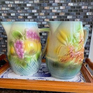 Set of 2 Vintage ceramic pitchers, village floral/fruit design made in France