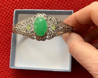Vintage Signed Sterling Silver Filigree Wide Chinese Jade Bracelet Cuff Large
