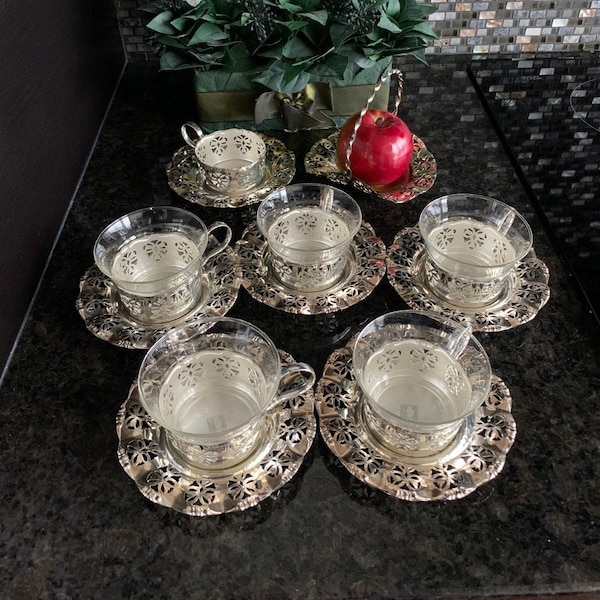 West Germany Silver Plate Set of 6 Glasses, Vintage BMF Tea Coffee Cups Mugs, Glass Insert Silver Plated Holders