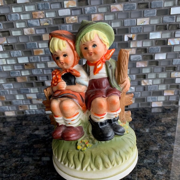 Vintage Hummel Style Bavarian German Boy and Girl Ceramic Rotating Music Box Japan