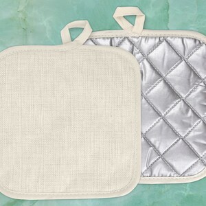 May include: Two square pot holders with rounded corners and a fabric hanging loop. One side features a plain, light beige, textured fabric, while the other side is made of a metallic silver, quilted material with a diamond-stitched pattern.